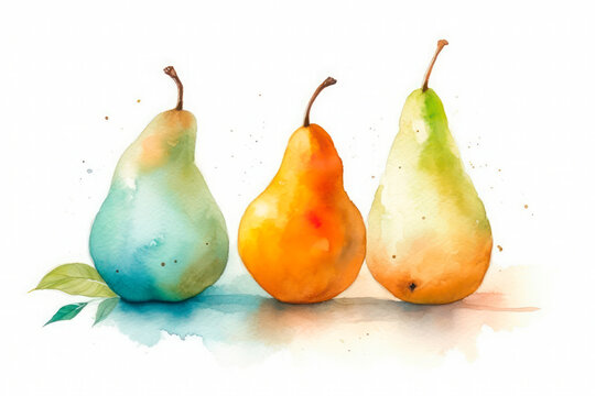 Watercolor painting of some pears on a white background. Generative AI.