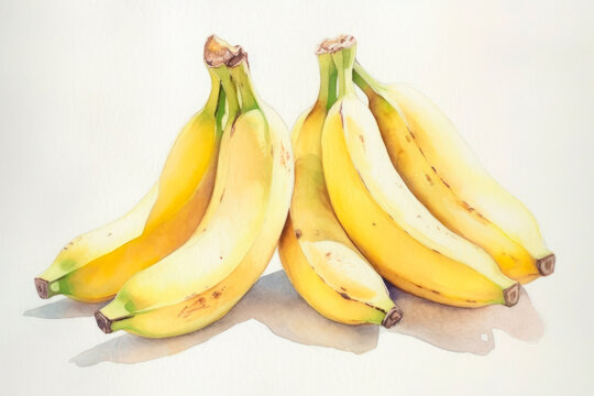 Watercolor painting of some bananas on a white background. Generative AI.