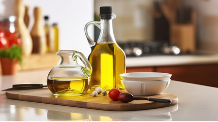 Jug and bottle of cooking oil with ingredients on table in kitchen. Generative AI