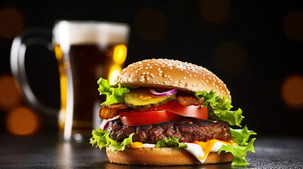 Tasty burger on slate plate against dark background. Generative AI