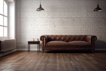 On a wooden parquet floor with a blank, white painted brick wall in the background, a dark brown leather sofa is displayed. Generative AI
