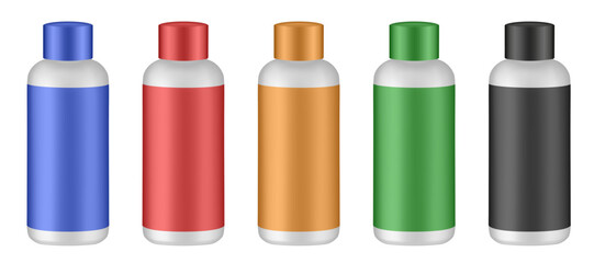 Set of cosmetic bottles with label and cap. Gold, green, black, red and blue bottles. Hair dye, oxydant cream, shampoo, shower gel or body lotion