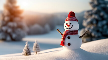 Fototapeta premium Cheery snowman wearing a festive red hat and scarf in a snowy landscape. Generative AI