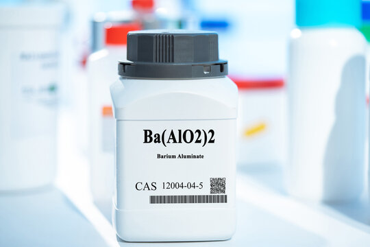 Ba(AlO2)2 barium aluminate CAS 12004-04-5 chemical substance in white plastic laboratory packaging