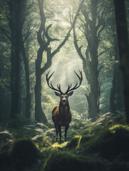 Beautiful red deer standing in the depths of a sunny forest