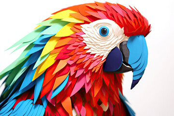 Closeup of thick paper cut of the colorful parrot head by AI generative isolated on the white background. Generative AI illustration.