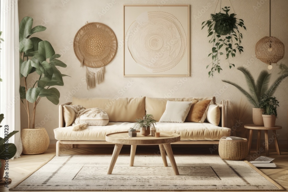 Canvas Prints Scandinavian boho style living room with sofa, table, and accessories. mockup of a beige wall with greenery in the backdrop. illustration. Generative AI