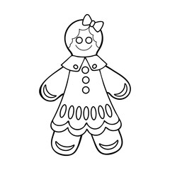 Coloring book gingerbread men. Christmas sweet. Happy New Year. Character girl in dress. Hand drawn line art illustration. Coloring page for kids and adults.
