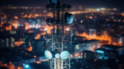 Communications tower, Antenna for the 5G cellular network atop a in a nighttime metropolis. Generative AI - obrazy, fototapety, plakaty