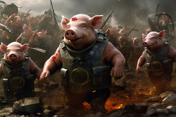 Pig soldier in battle Ai generated - obrazy, fototapety, plakaty