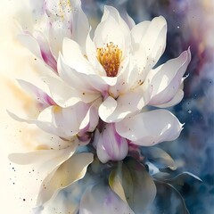 Large magnolia flower painted in watercolor, blue purple background.