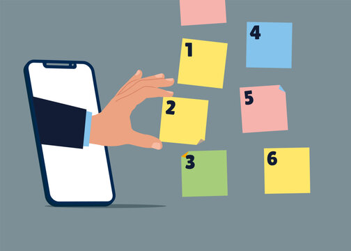 Entrepreneur manage to prioritize sticky note with number over the internet. Arrange to do list before and after, task management. Flat vector illustration