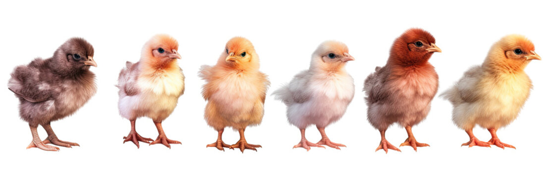 Photo of a group of small kid chickens standing in a line, isolated, transparent background, png