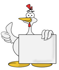 Chicken with blank sign, pollo con cartel blanco, PNG.