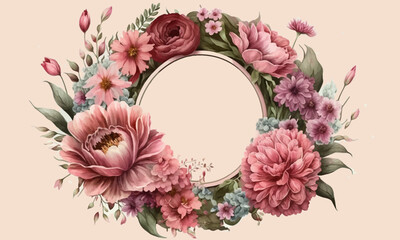 Beautiful round frame of flowers. Frame of flowers on a pale pink background. Vector illustration