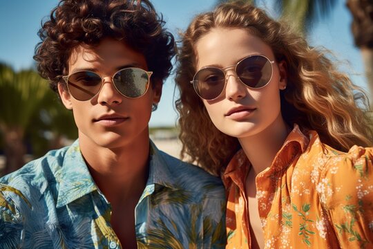 Summer Bliss: Carefree Vacation Vibes with a Pretty Couple in Sunglasses at the Beach, Generative AI