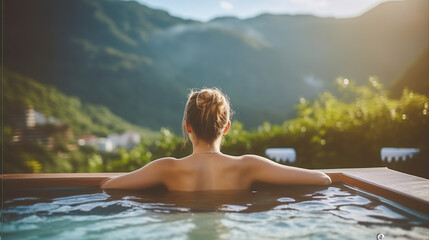 Young woman relaxing at hot tub during enjoying happy traveling moment against the background of green big mountains. Generative AI