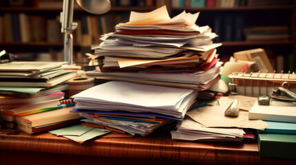 Obraz premium Piles of old books on a table in blur background