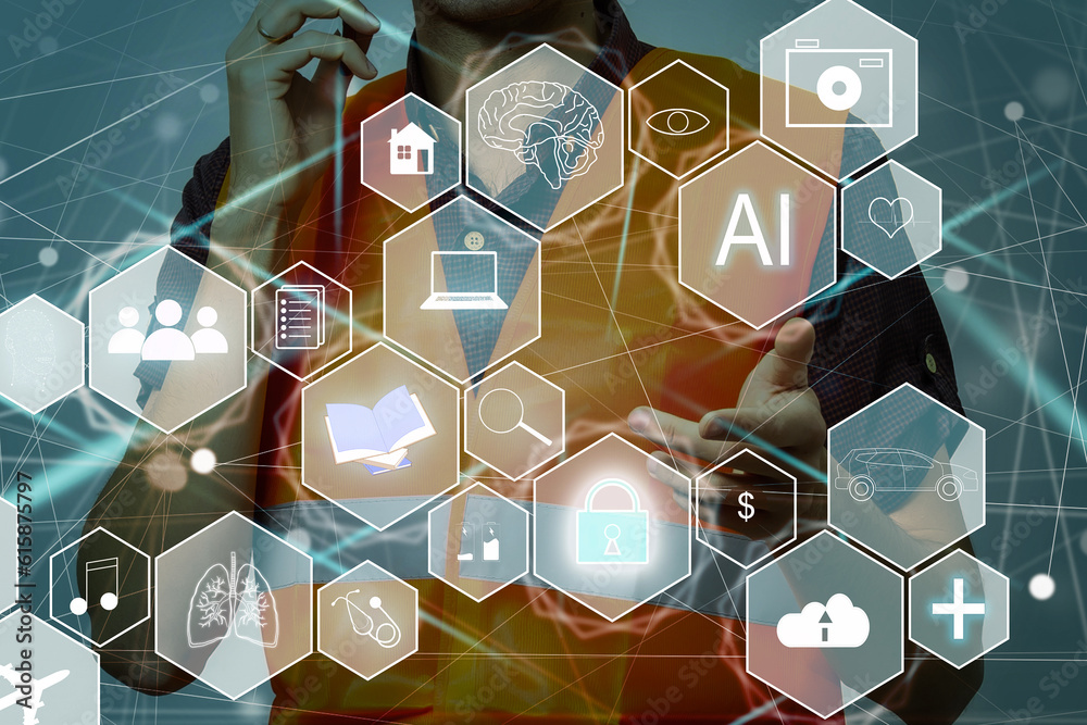 Poster ai tech, businessman show virtual graphic global internet connect chatgpt chat with ai, artificial i
