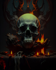 Human skull and fire on black background generative Ai