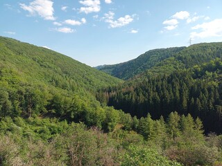 Obraz premium Blick von der Molbeerlee bei Hoscheid im Kanton Diekirch im Norden von Luxemburg in den luxemburgischen Ardennen auf dem Wanderweg Escapardenne Lee Trail.