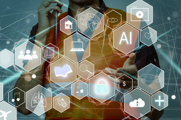 Ai tech, businessman show virtual graphic Global Internet connect Chatgpt Chat with AI, Artificial...