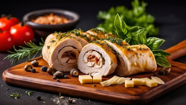 Delicious fresh meat roll made from chicken fillet, mushrooms, spices and herbs. Generative AI