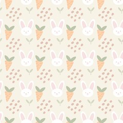 Children's pattern with a rabbit and a carrot in delicate colors, pattern for fabric, gifts, toys, postcards. Children's illustration 