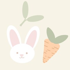 Children's element with a rabbit and a carrot in delicate colors,  for fabric, gifts, toys, postcards. Children's illustration 