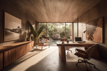 Minimalist home office All wood material palette. Centered perspective. Interior Design