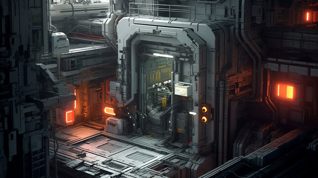 Factory Manufacturing Futuristic 3D Sci fi Science Fiction Industrial Robot Technology Production Cyberpunk Generative AI Revolution Age 