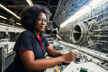 Fototapeta na wymiar Digital portrait of a senior successful confident professional Aerospace engineer working on Satellite Construction in a Spacecraft assembly line. Concept of active age. Generative AI
