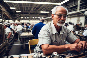 Digital portrait of a senior successful confident professional Aerospace engineer working on Satellite Construction in a Spacecraft assembly line. Concept of active age. Generative AI