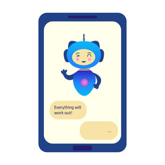 Fototapeta premium Chatbot on phone says everything will work out. Question answering virtual assistant, artificial intelligence. Smart assistant in mobile application. Colorful vector isolated illustration flat