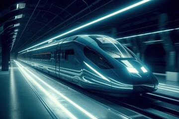 Obraz premium Technological cinematic high-speed rail - Generative AI