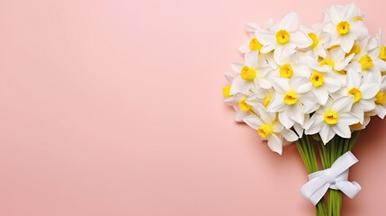 Fototapeta na wymiar Lush bouquet of white-yellow daffodils isolated on pink background. Tender minimalistic spring flowers composition. Generative AI