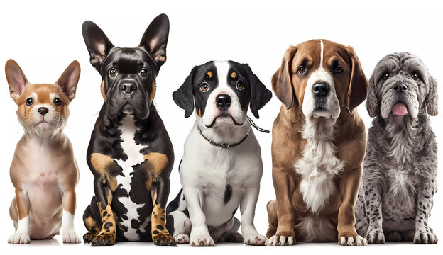 Cute dogs of different breeds are sitting. Banner. AI generated