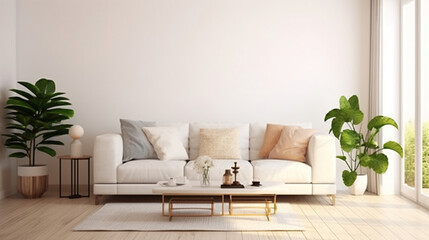 Scandinavian interior design. Modern living room in white color with sofa. 3D illustration.. Generative AI