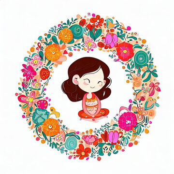 Cute little girl with butterflies and flowers in a round frame.