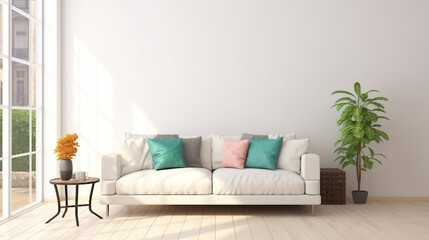 Stylish room in white color with sofa. 3D illustration. Generative AI