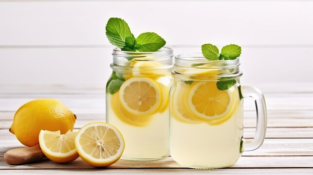 Homemade Refreshing Lemonade Served in Mason Jar Glasses with Organic Ripe Lemon Slices. Generative AI