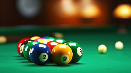 Billiard balls in a green pool table, billiard game. Generative AI - obrazy, fototapety, plakaty