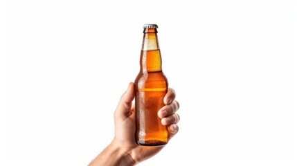 Close up hand holding bottle of beer isolated on white background. Generative AI.