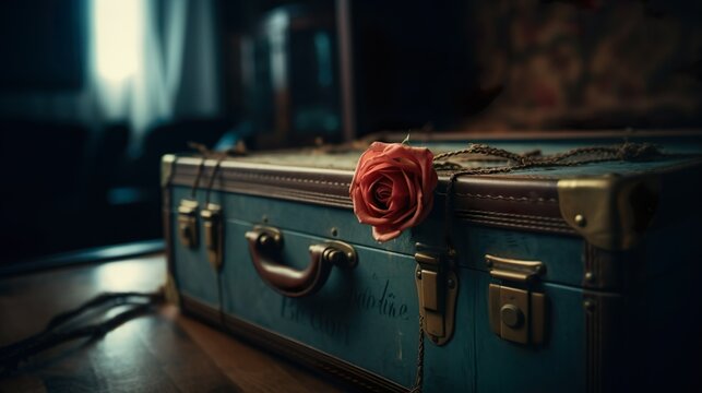 Maleta antigua con una rosa en una buhardilla. Concepto de cosas antiguas. Generado con IA.