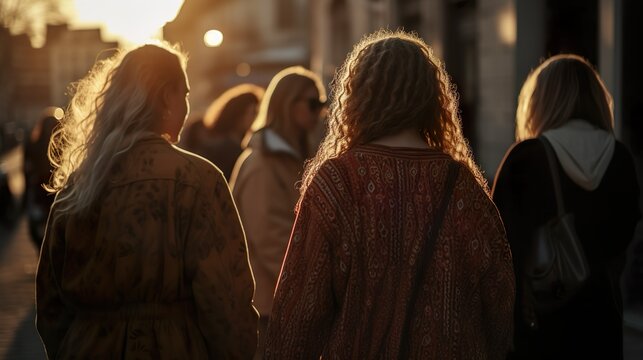 Mujeres de diversidad social paseando por una ciudad. Generado por IA.