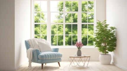 Scandinavian interior design. 3D illustration. Stylish room in white color with armchair and green landscape in window. Generative AI