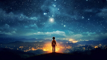 Fototapeta premium child looks at the night sky