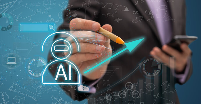 AI, Artificial Intelligence and machine learning, Businessman holds a smart phone with artificial intelligence data to control the robot to work in factory, Innovative of technology and futuristic.