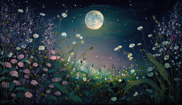 Field of Flowers in the moonlight.