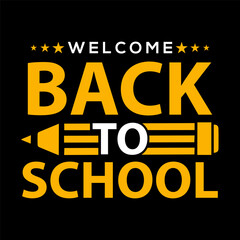 Welcome Back to school decorated lettering sign. Colorful textured text isolated on black background. Design element for leaflets, cards, covers, poster, banner, flyer, mail. Vector.